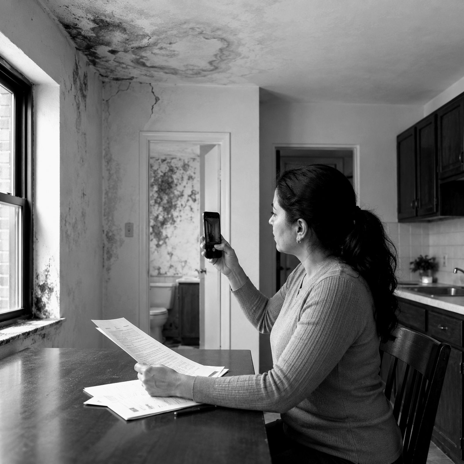 A tenant photographing mold and water damage on the ceiling of her apartment kitchen