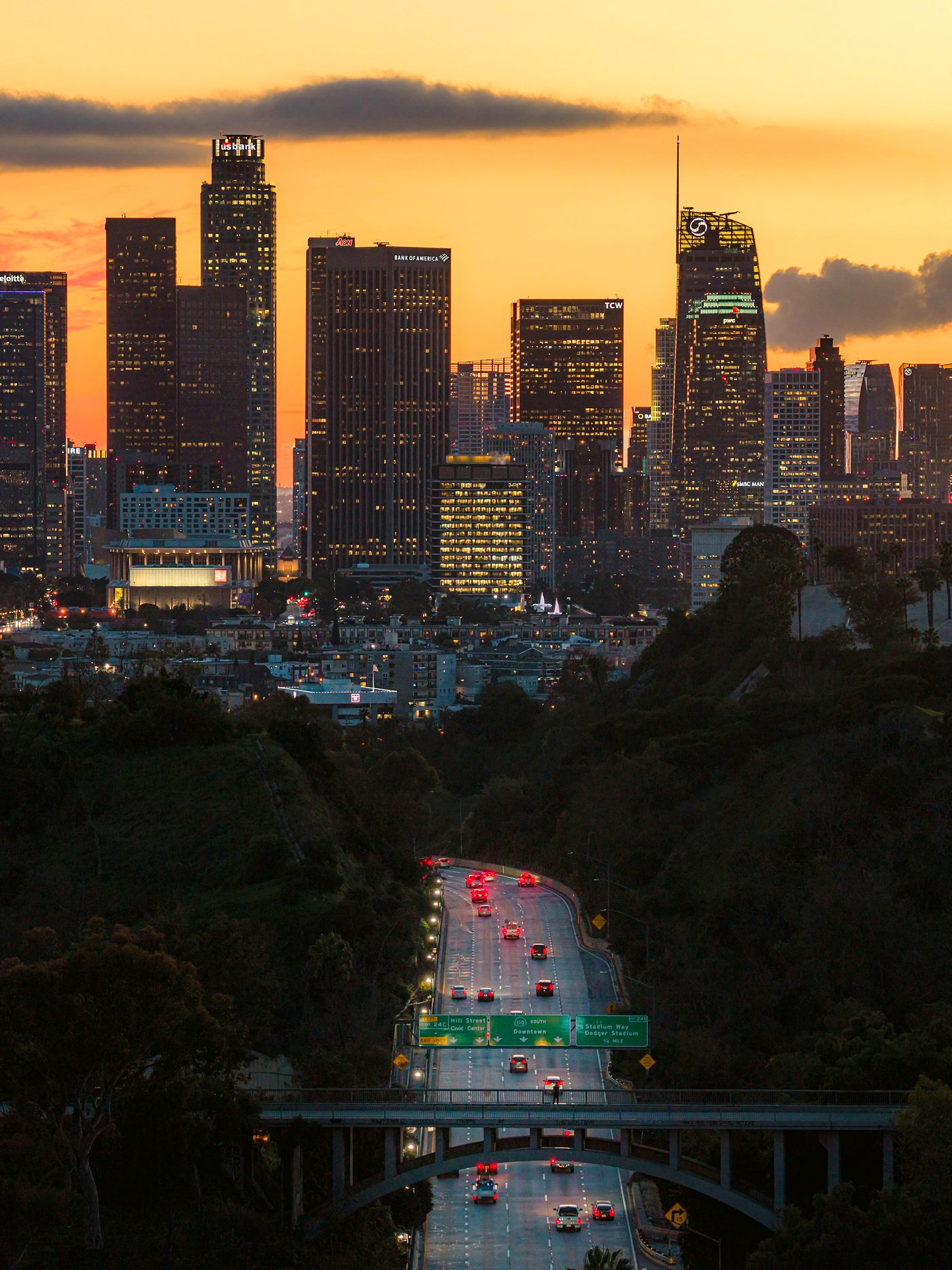 Dense traffic on the 110 freeway through downtown Los Angeles